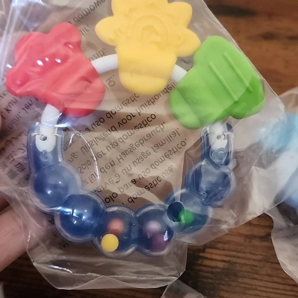 4 Pk Mixed Colorful Three Headed Baby Teething Rings And rattle For 0-3yrs